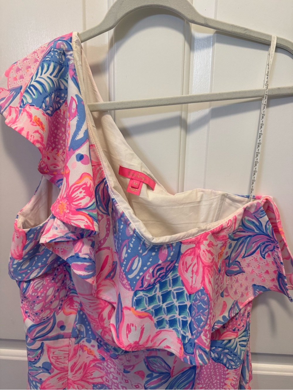 Lilly Pulitzer- One-Shoulder Pink & Blue Floral Ruffle skort/dress. Sz 14 - Picture 3 of 4